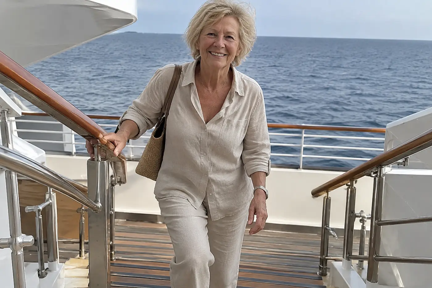 Older woman boarding a ship in matching linen shirt and pants.