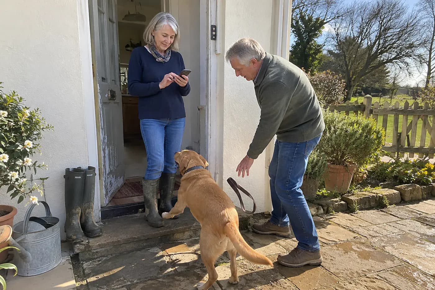 Older woman entering a note on her phone while her dog waits by the back door.