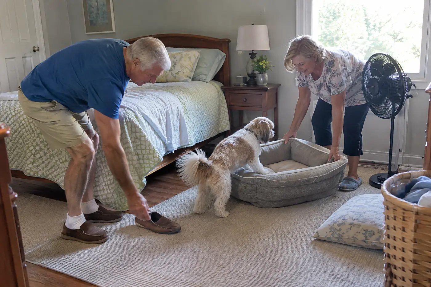 Older woman moving her dog’s bed away from a fan in a bedroom.