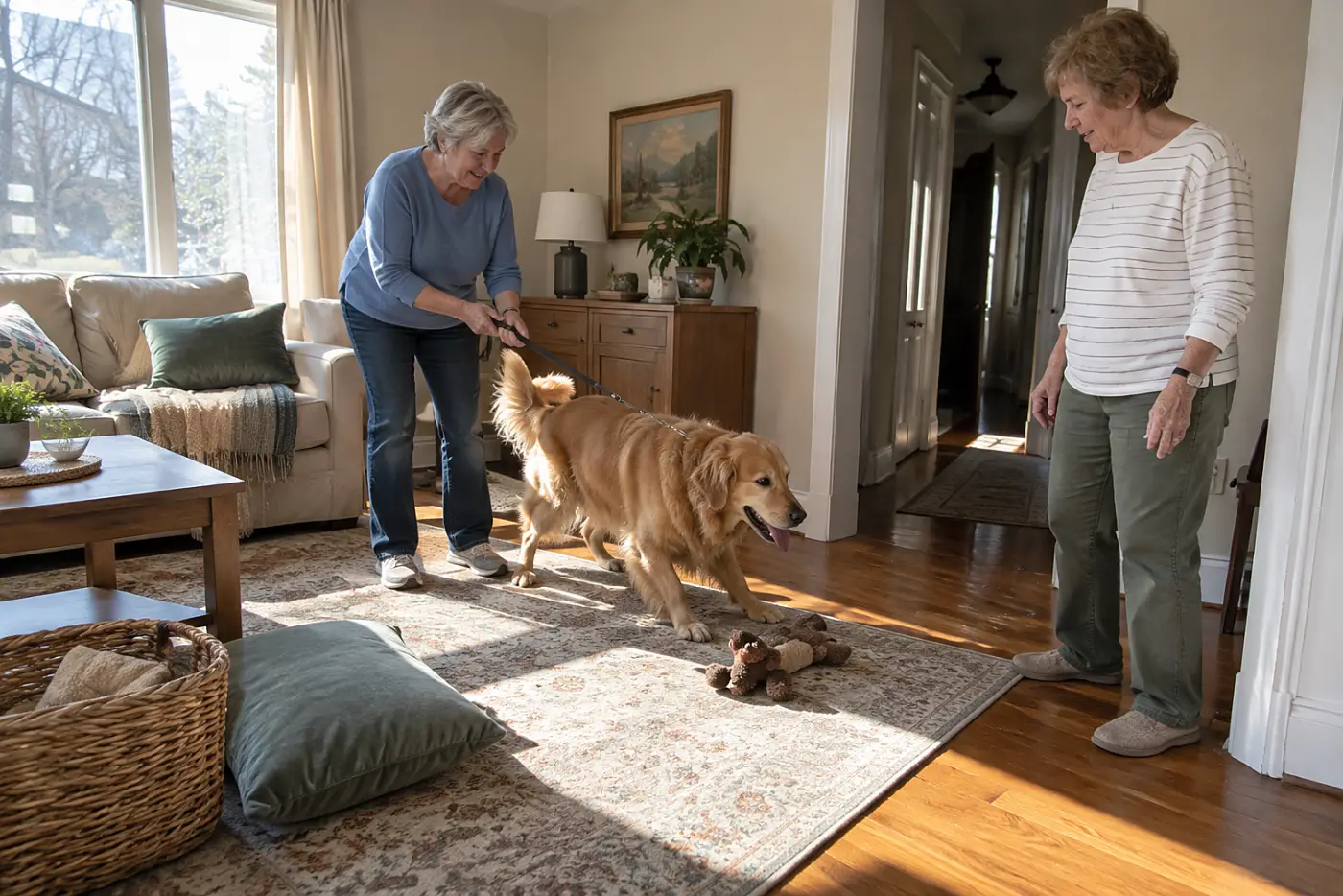 Older woman guiding her panting dog from a sunny living-room rug into a shaded hall.