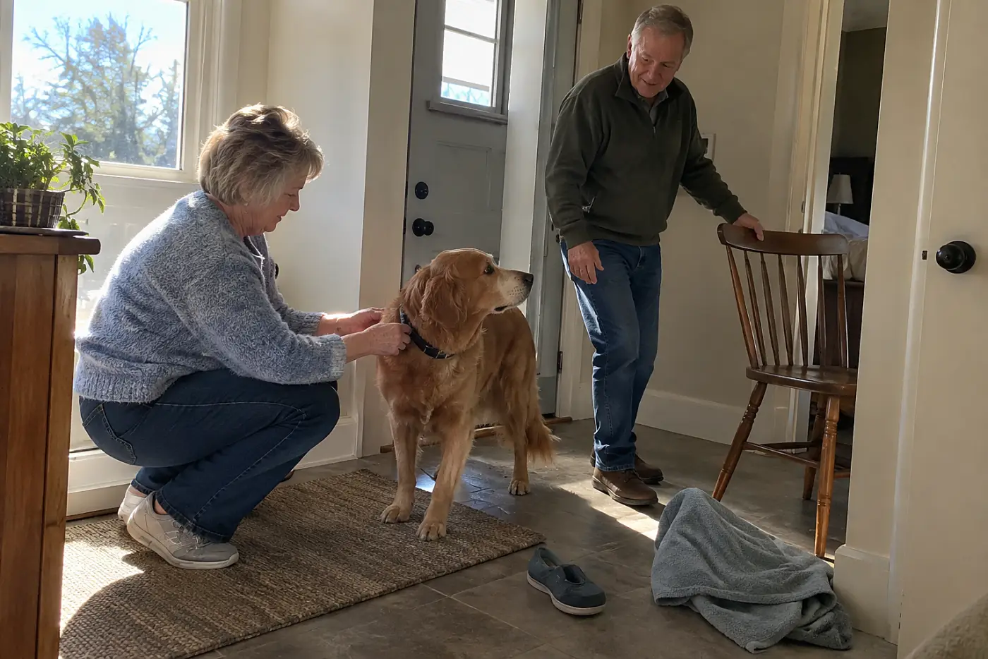 Older woman checking her dog’s collar beside a narrow doorway and wooden chair.
