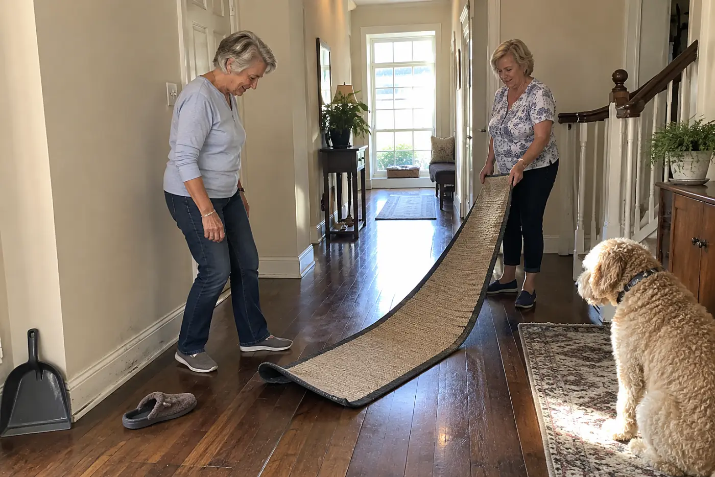 Older woman laying a nonslip runner across a hallway while her dog waits on a rug.