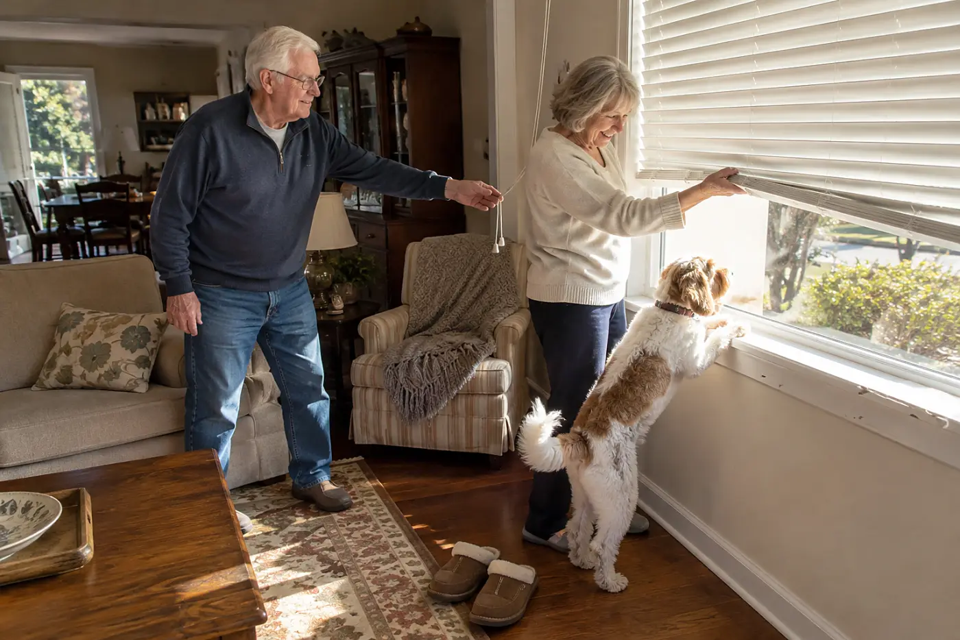 Older woman raising a living-room blind as her dog looks through the window.