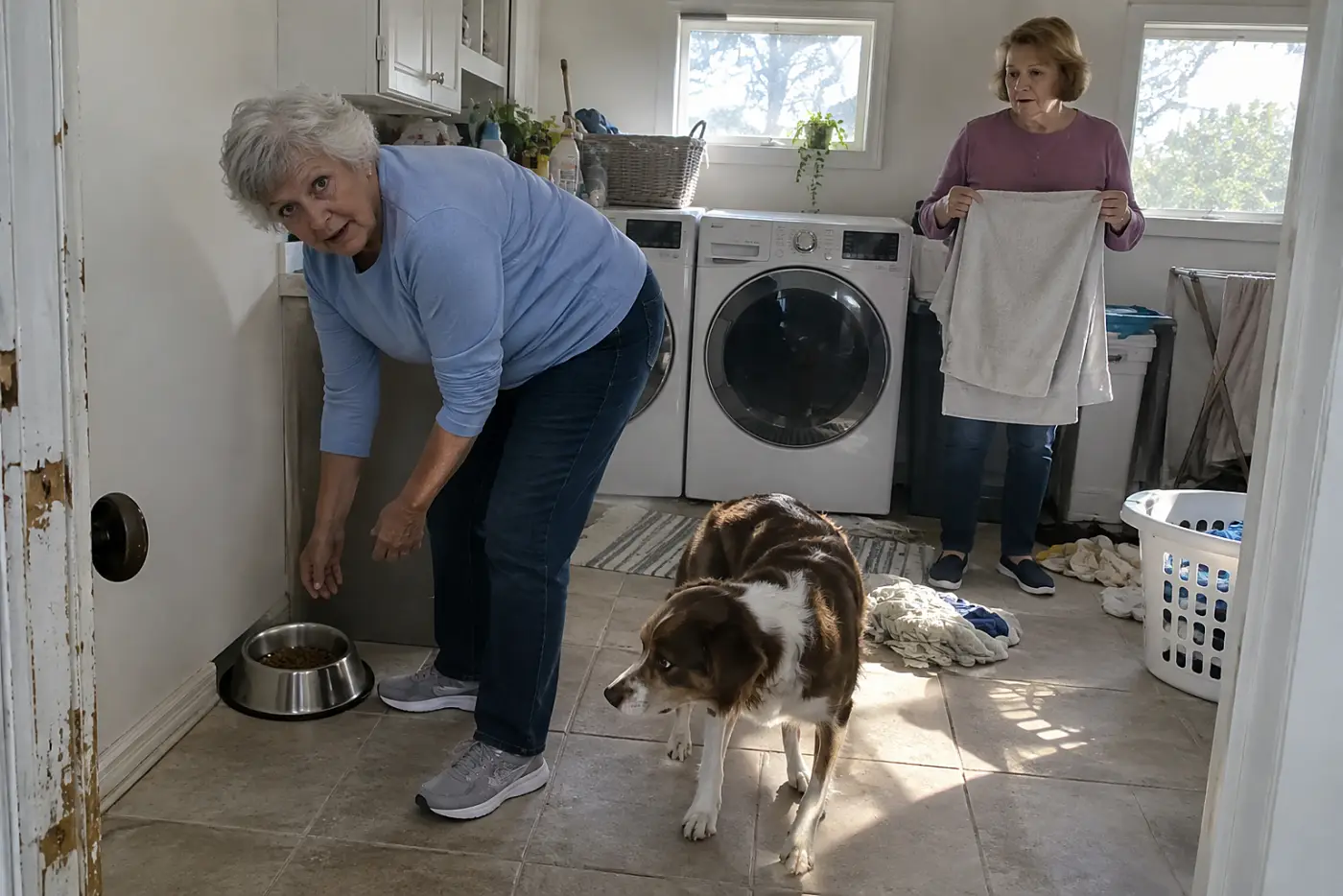 Older woman checking her dog’s untouched dinner bowl in a laundry room.