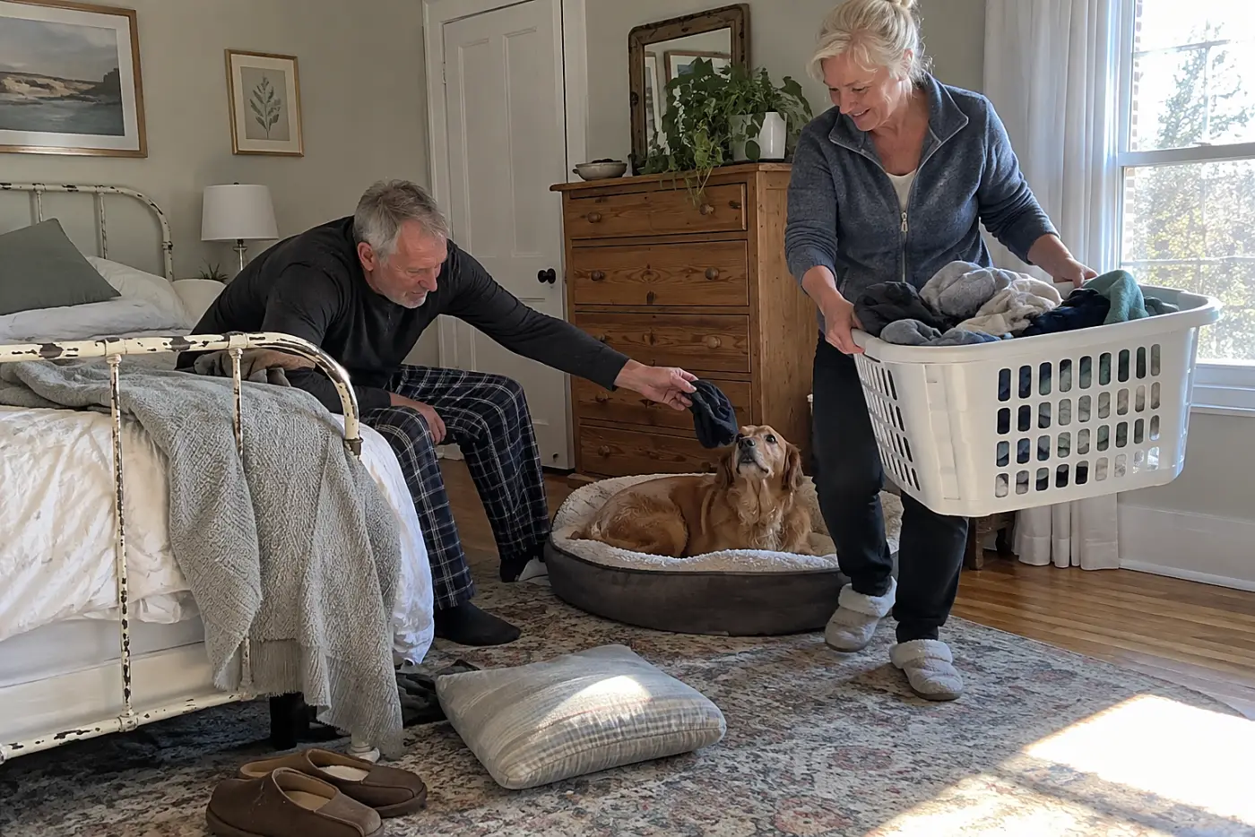 Older woman moving a laundry basket away from her dog’s bed in a bedroom.