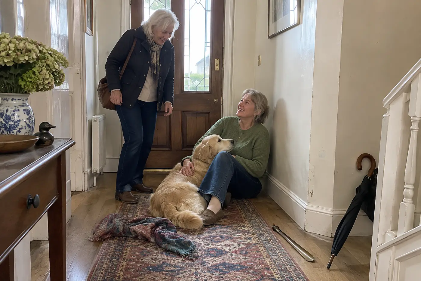 Older woman sitting with her dog in a hallway after closing the front door.