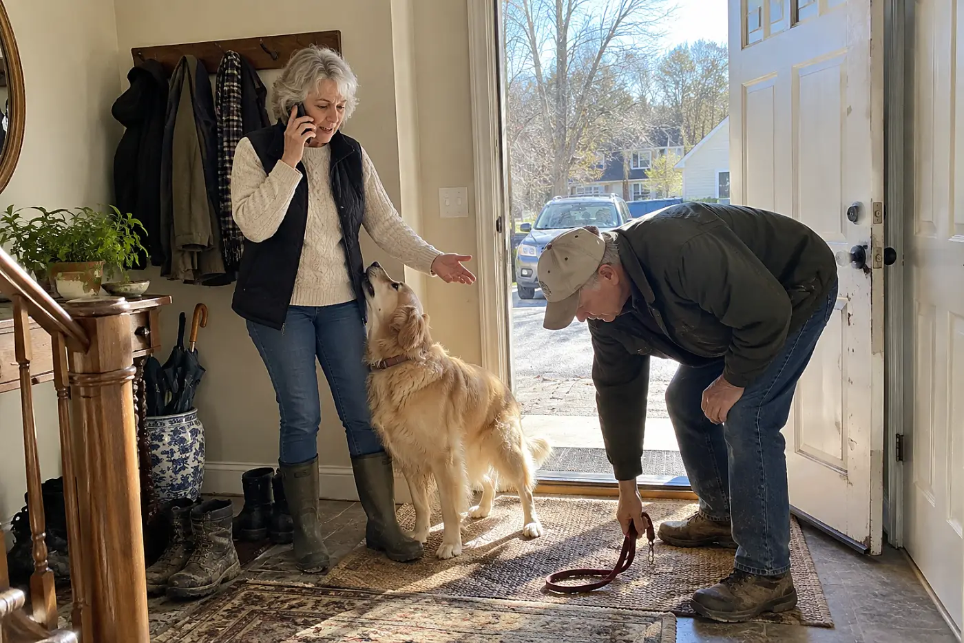 Older woman calling an emergency veterinary clinic beside her dog in an entryway.