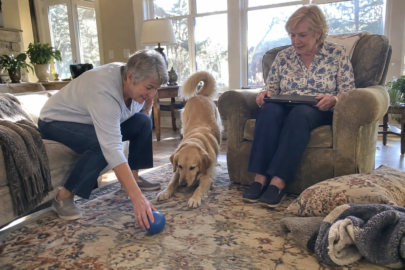 Older woman reading in a living-room chair with her dog lying nearby.