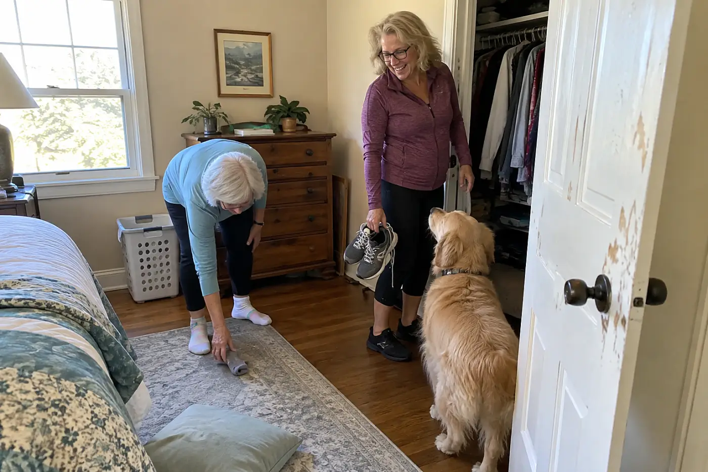 Older woman picking up walking shoes beside a bedroom closet while her dog waits by the door.