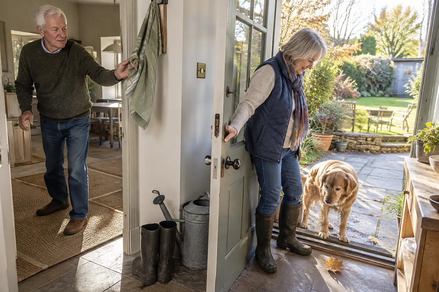 Older woman opening a back door for her dog.