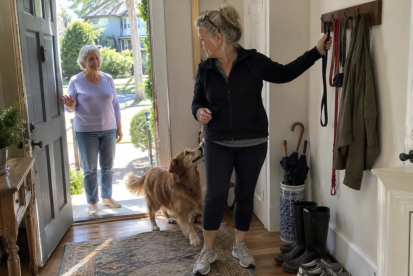 Older woman reaching for a leash on a hook beside her front door as her dog watches.