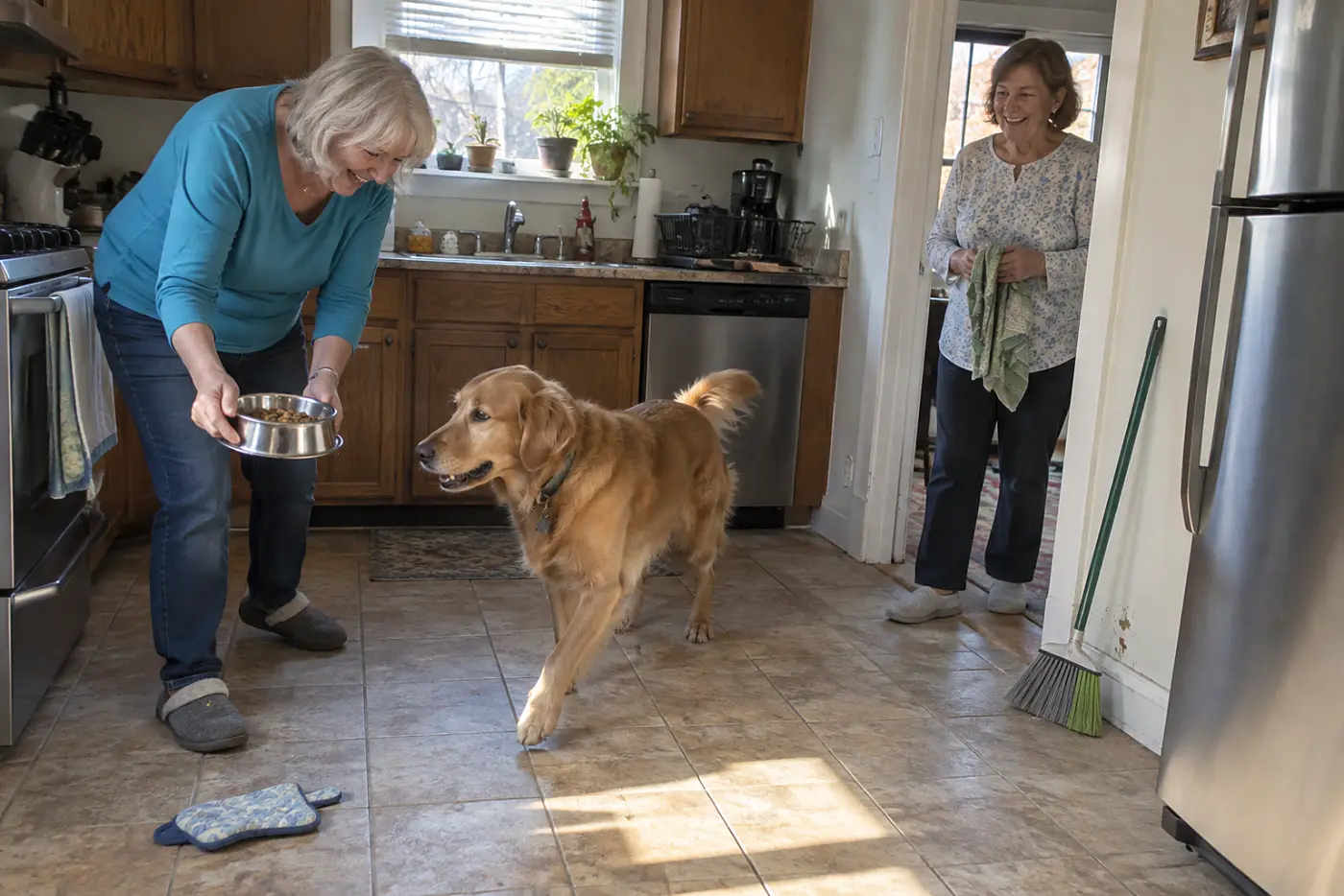 Older woman setting down a dog’s breakfast bowl in a kitchen.