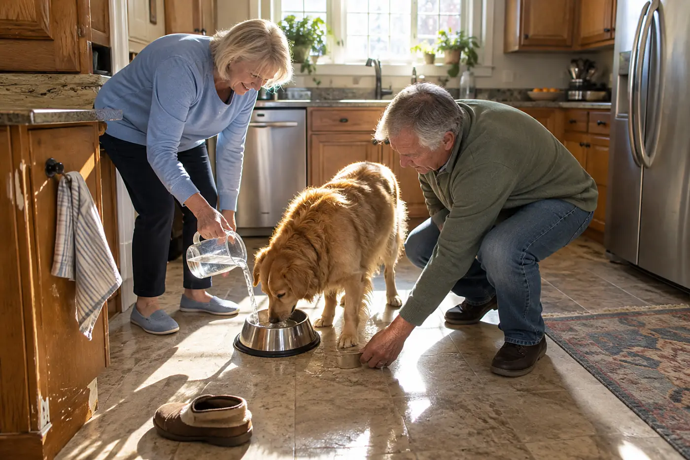 Older woman refilling a dog’s water bowl beside a kitchen cabinet.