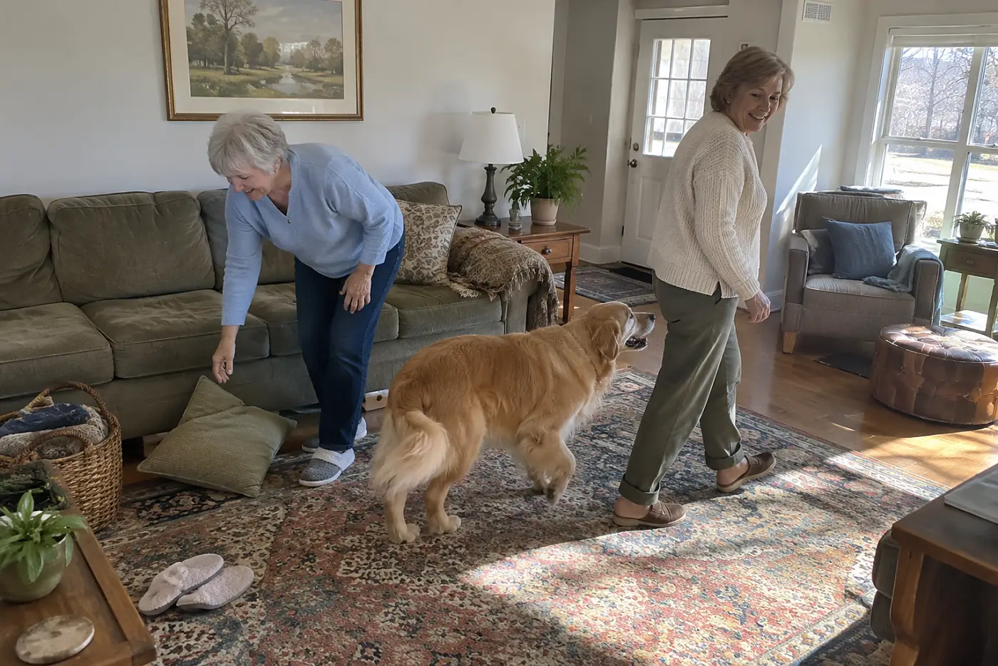 Older woman watching her dog follow her across a living room instead of resting on the couch.