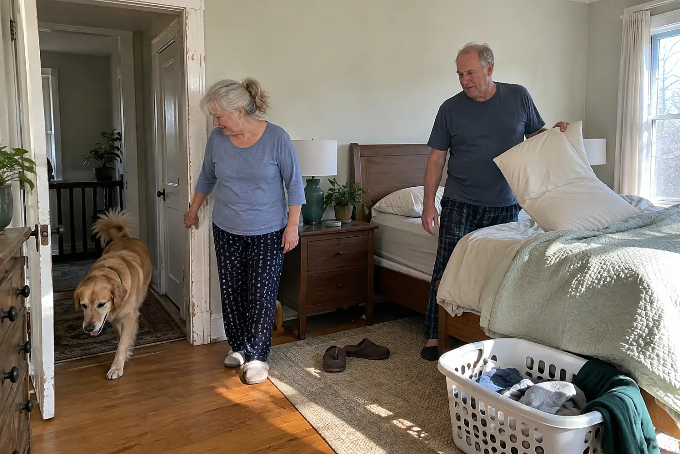 Older woman watching her dog pace through a bedroom doorway.