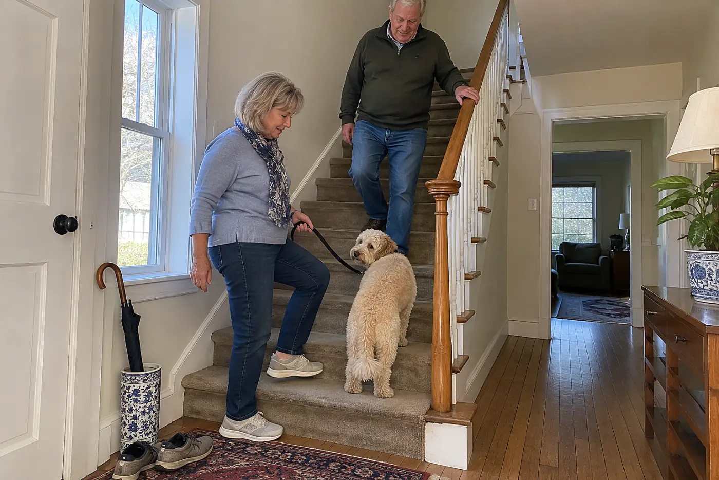 Older woman watching her dog pause at the bottom of a staircase.
