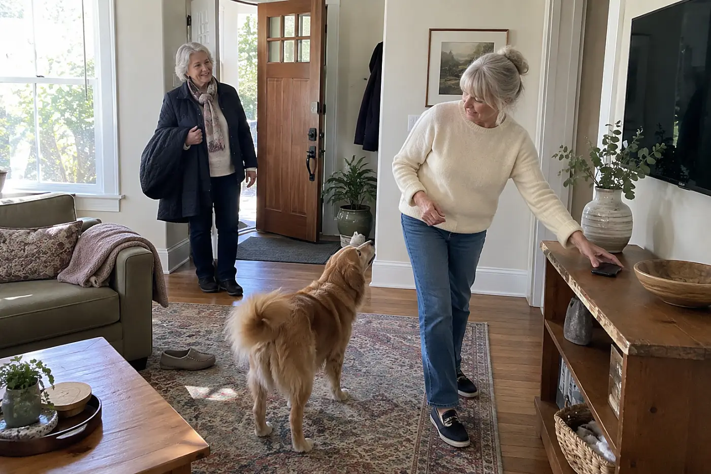 Older woman setting her phone on a living-room shelf before leaving her dog at home.