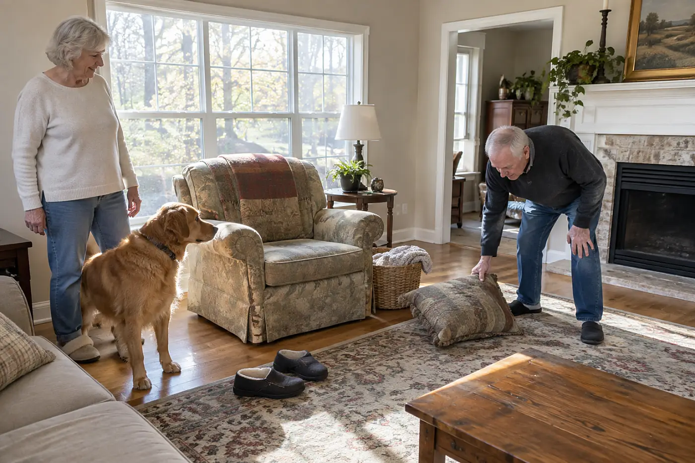 Older woman standing beside her dog near an empty armchair in a living room.
