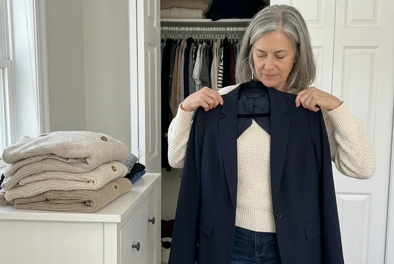Woman in her sixties pairing a blazer with jeans and sweaters beside her open closet.
