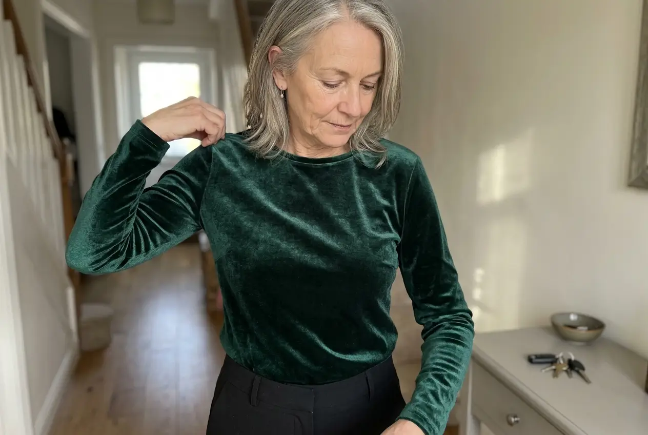 Woman in her sixties adjusting a velvet top above black trousers before leaving for dinner.
