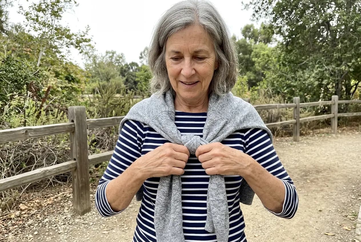 Woman in her sixties tying a sweater over a striped shirt on a park path.