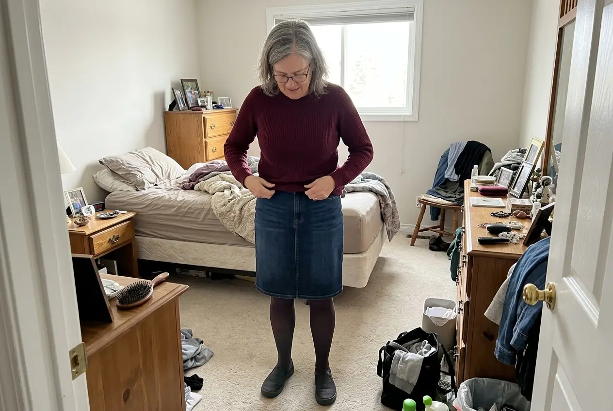Woman in her sixties pulling a burgundy sweater over a denim skirt in her bedroom.
