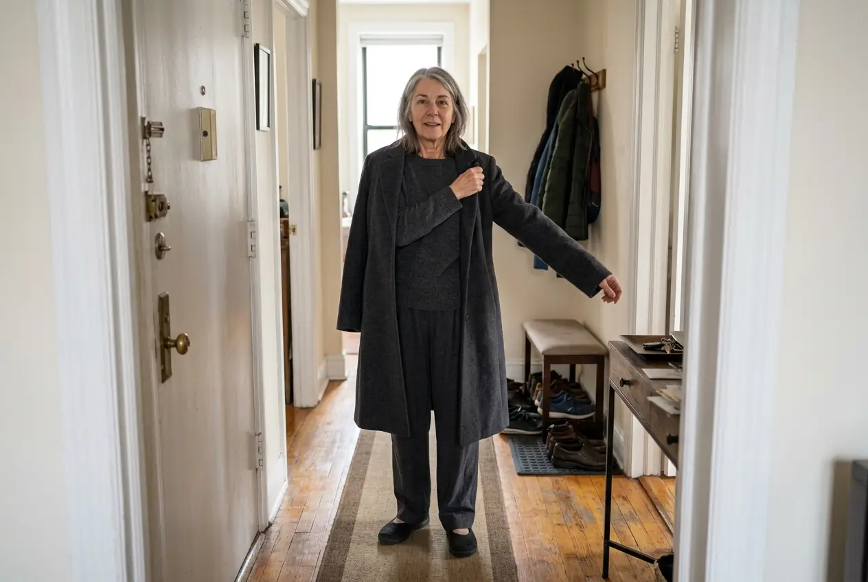 Woman in her sixties putting on a coat over a matching knit set by her apartment door.