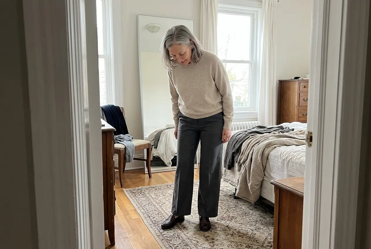 Woman in her sixties checking the hem of wide-leg trousers beside a full-length mirror.