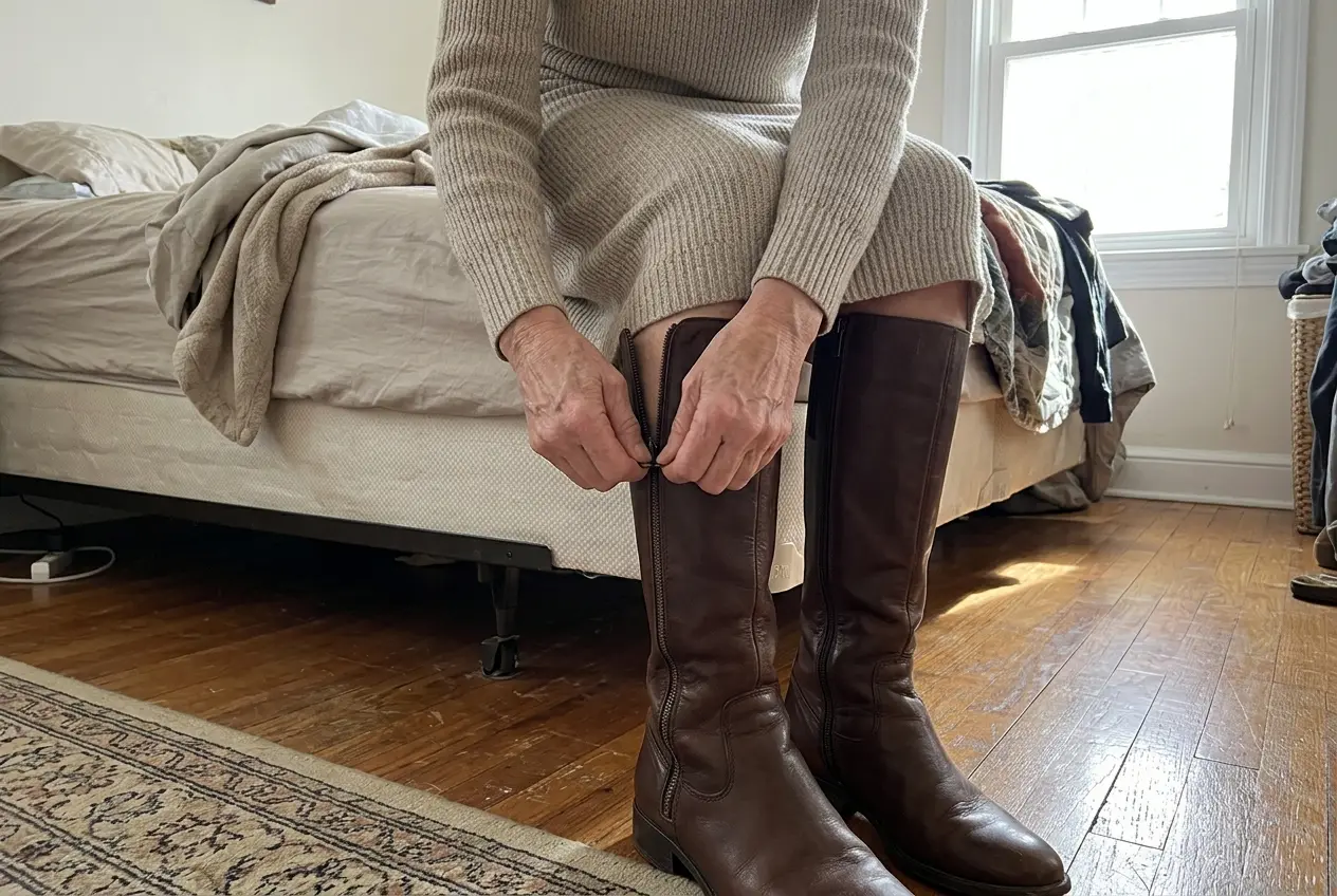 Woman in her sixties zipping tall boots beneath a sweater dress in her bedroom.