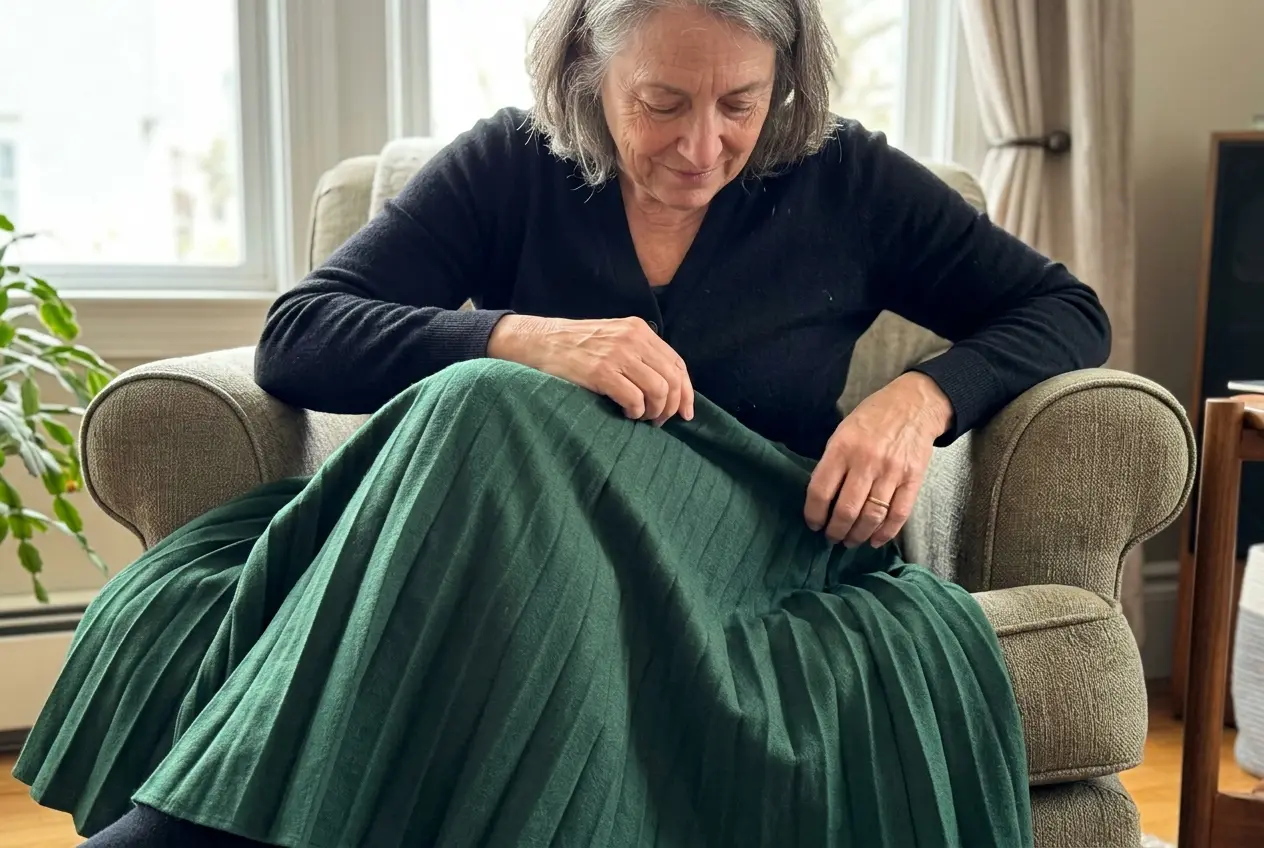 Woman in her sixties sitting in a pleated skirt on a living-room chair.