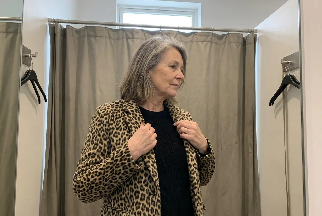 Woman in her sixties looking at a leopard-print jacket in a dressing-room mirror.