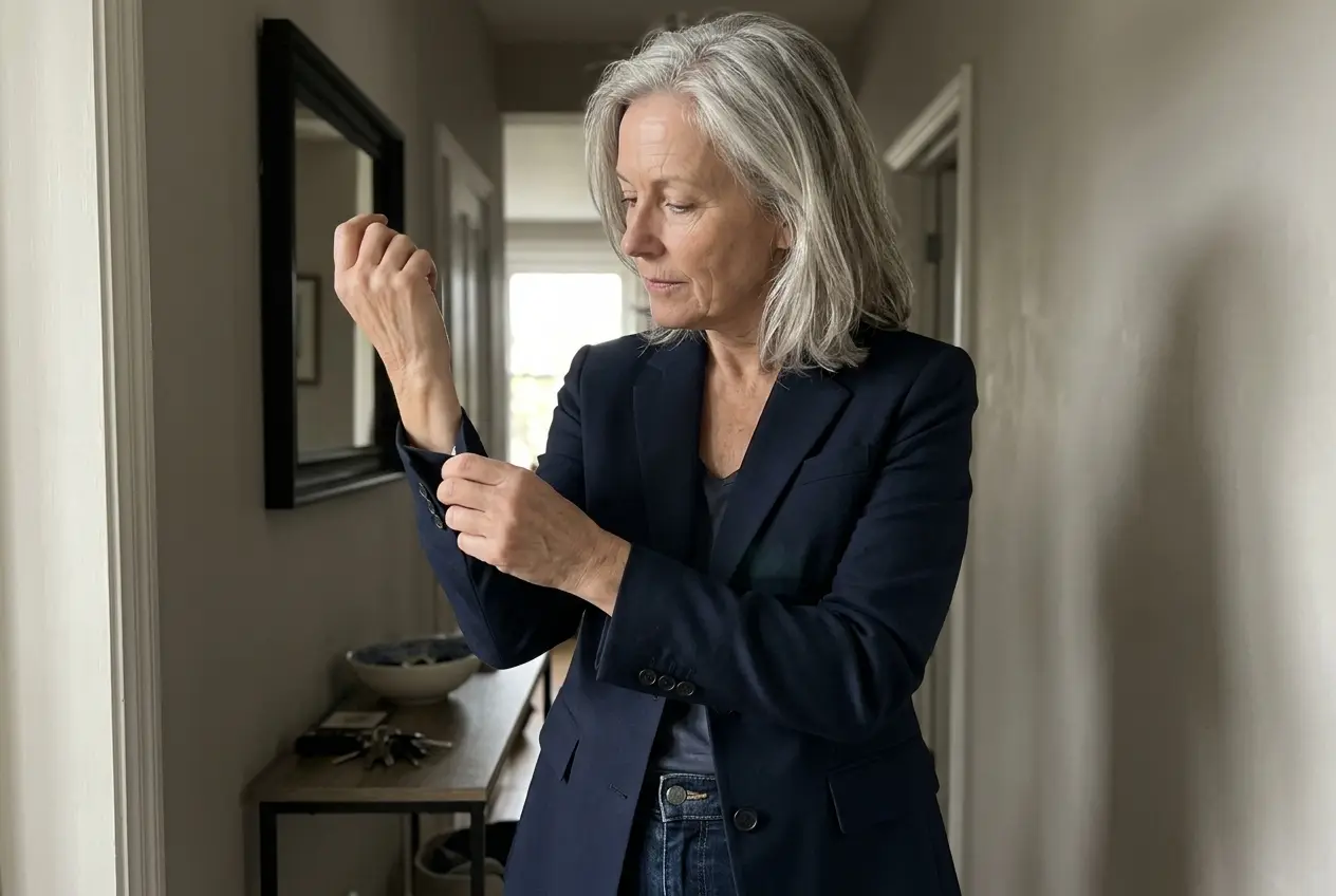 Woman in her sixties checking a blazer sleeve above straight jeans in a hallway mirror.