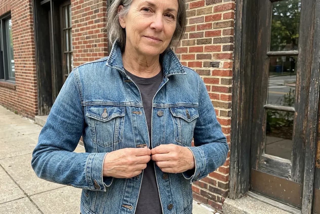 Woman in her sixties buttoning a denim jacket over a tee outside a neighborhood bookstore.