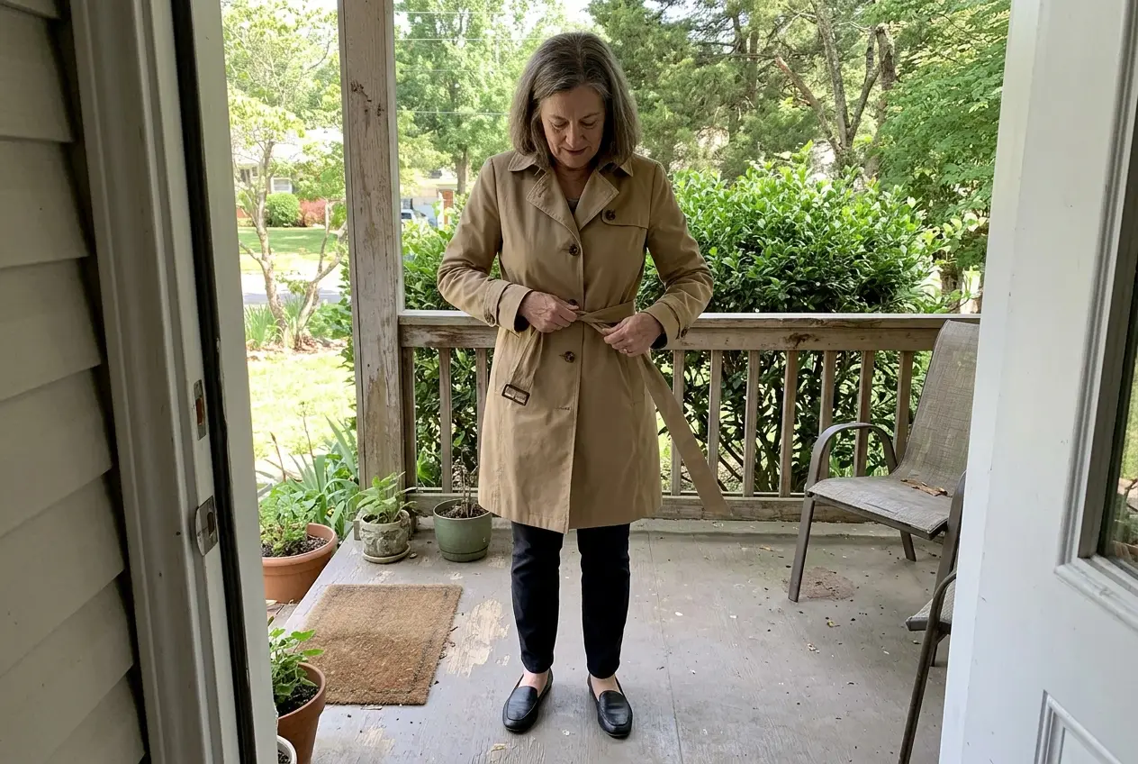 Woman in her sixties tying a trench belt over trousers on her front porch.