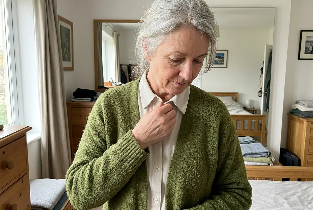 Woman in her sixties adjusting a shirt collar beneath a cardigan in a bedroom mirror.