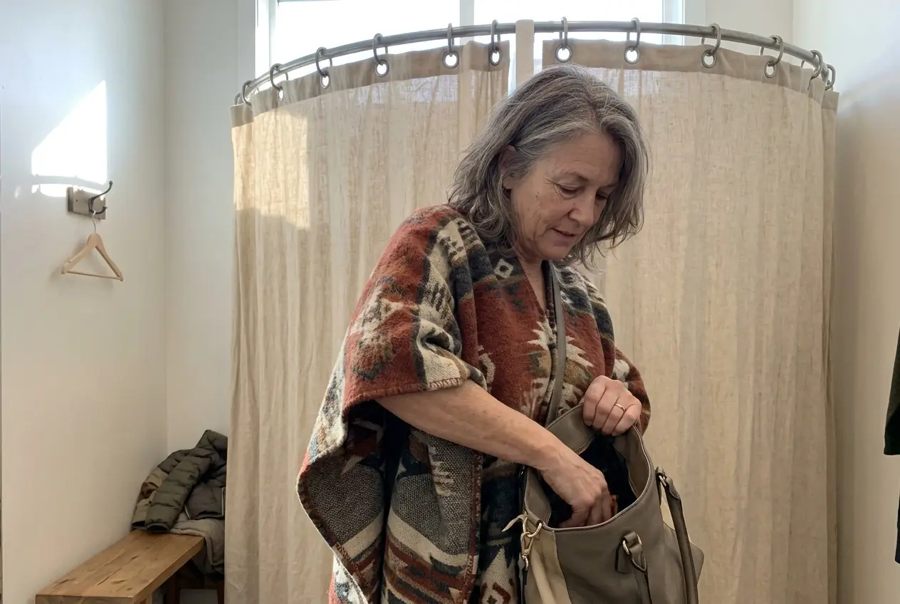Woman in her sixties reaching into her bag while wearing a poncho in a clothing-store fitting room.
