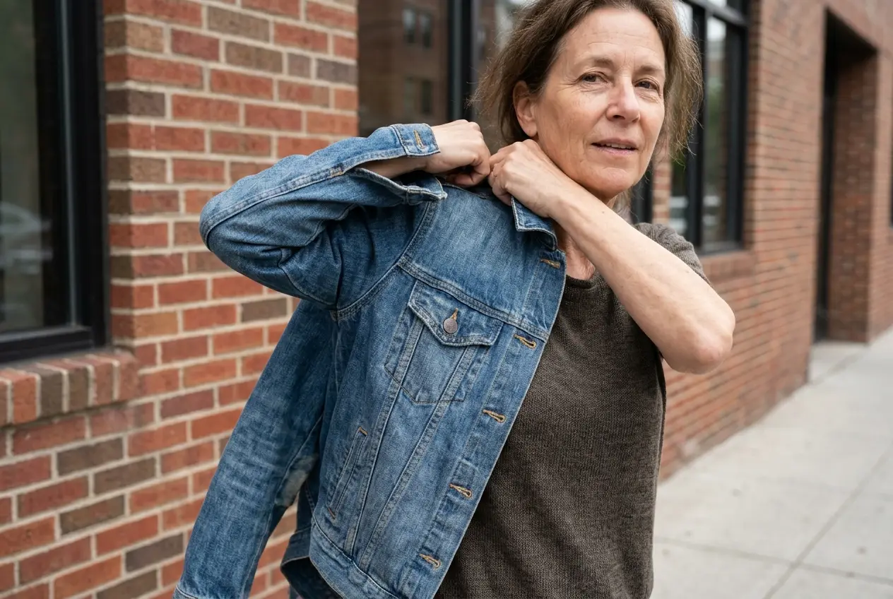 Woman in her sixties pulling on a denim jacket outside a coffee shop.