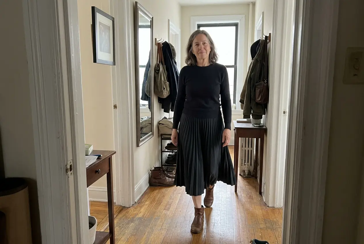 Woman in her sixties walking down her hallway in a pleated skirt and boots.
