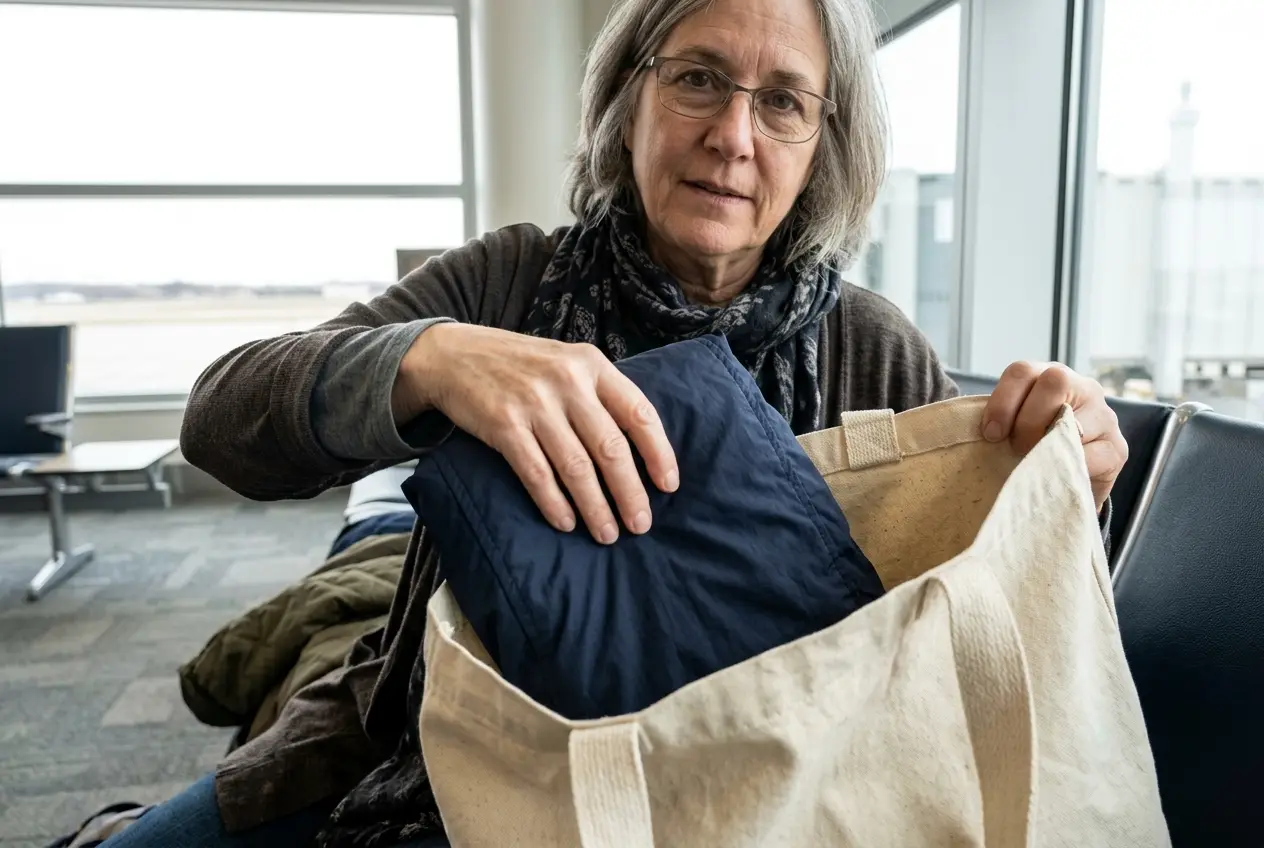 Woman in her sixties packing a light vest into a tote at an airport gate.