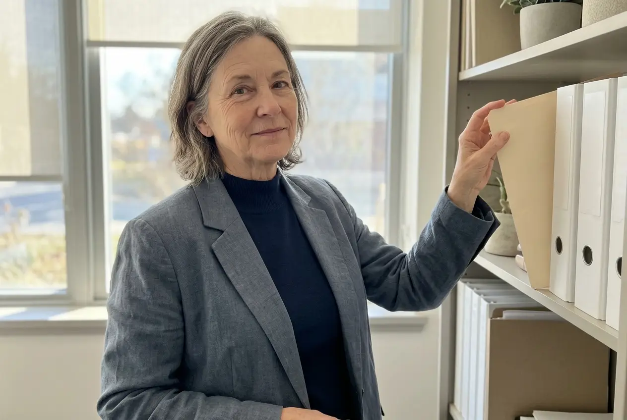 Woman in her sixties reaching for a folder in a blazer at her office.