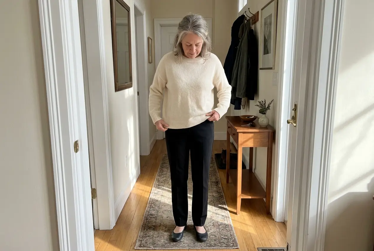 Woman in her sixties checking a cream sweater with black pants in a sunlit hallway.