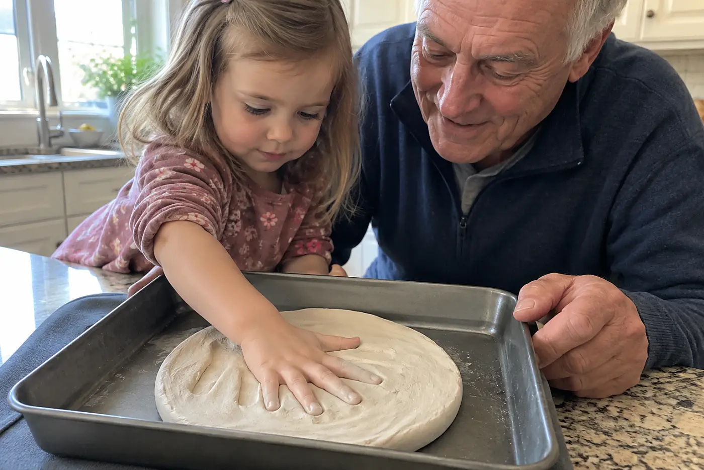 A child presses a hand into ornament clay while a grandfather holds the tray on a kitchen counter.
