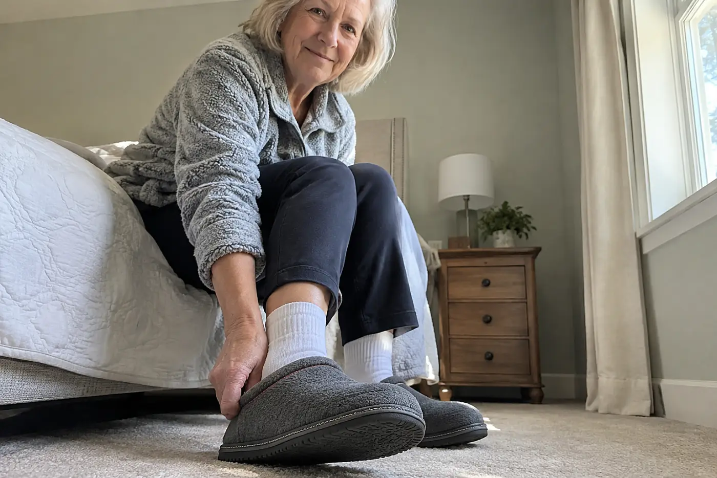 An older woman pulls gripper slippers onto her feet beside her bed.