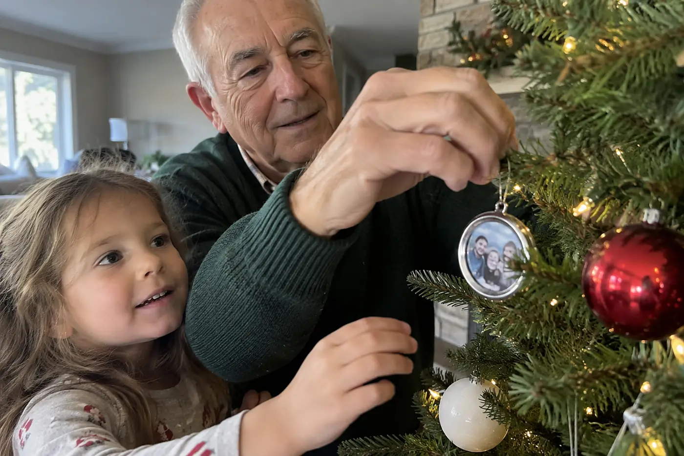 A grandfather hangs a photo ornament on a Christmas tree while his grandchild watches.