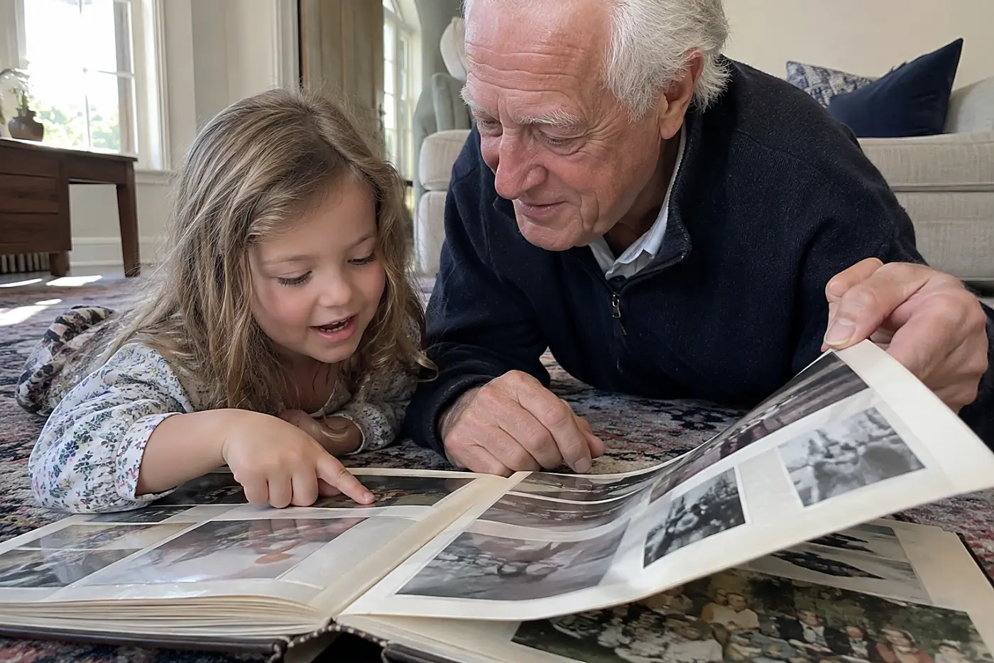 A grandfather turns the pages of a family photo book with his grandchild on a living room rug.