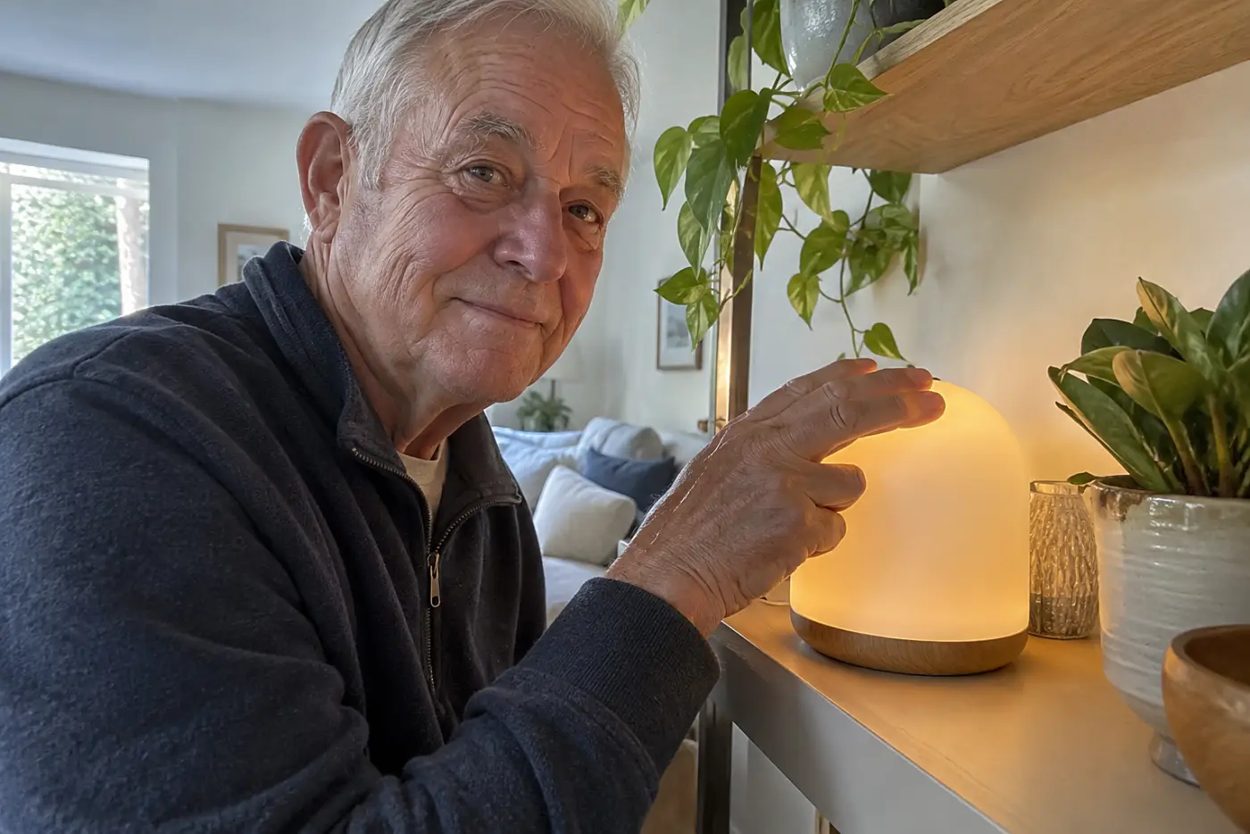 A grandfather touches a glowing friendship lamp on his living room shelf.