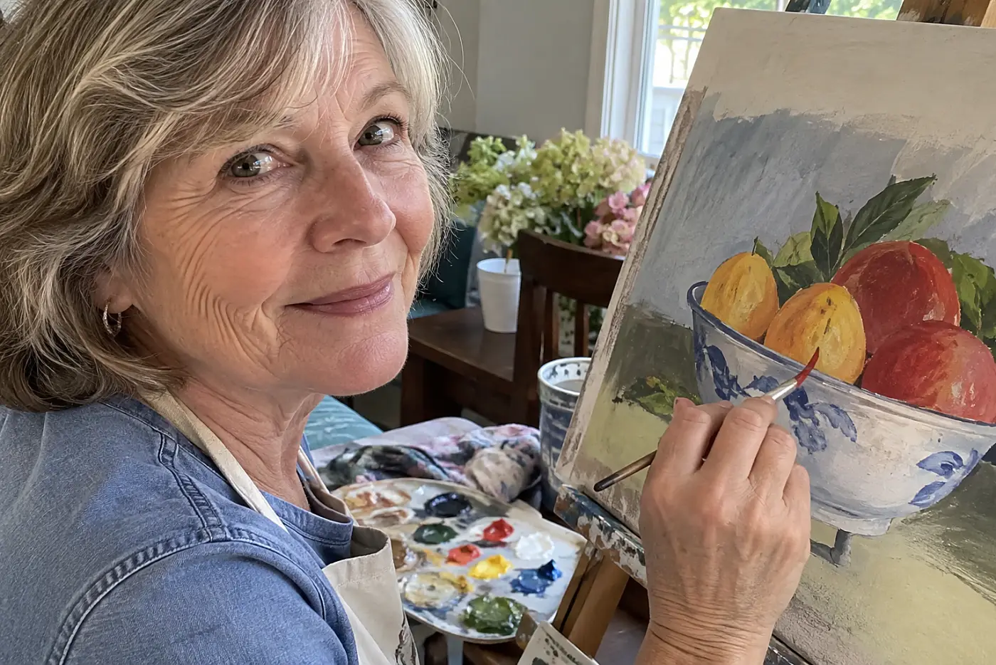 A grandmother paints a recipe illustration during a live class at her dining room easel.