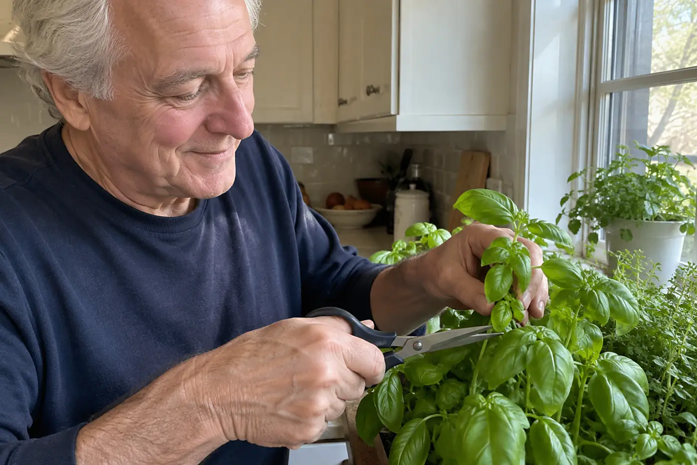 An older man clips basil from a lit countertop garden in his kitchen.