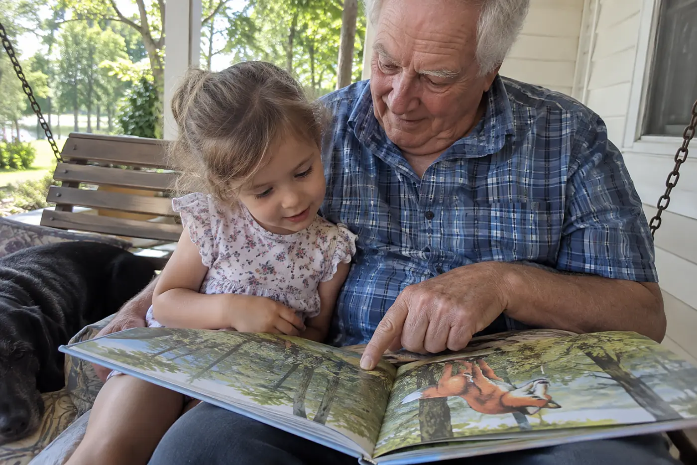 A grandfather reads an illustrated storybook to his grandchild on a porch swing.