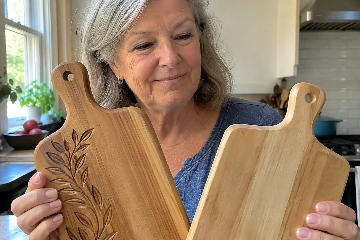 Woman in her sixties holding her handwritten recipe card beside an engraved board in her kitchen.